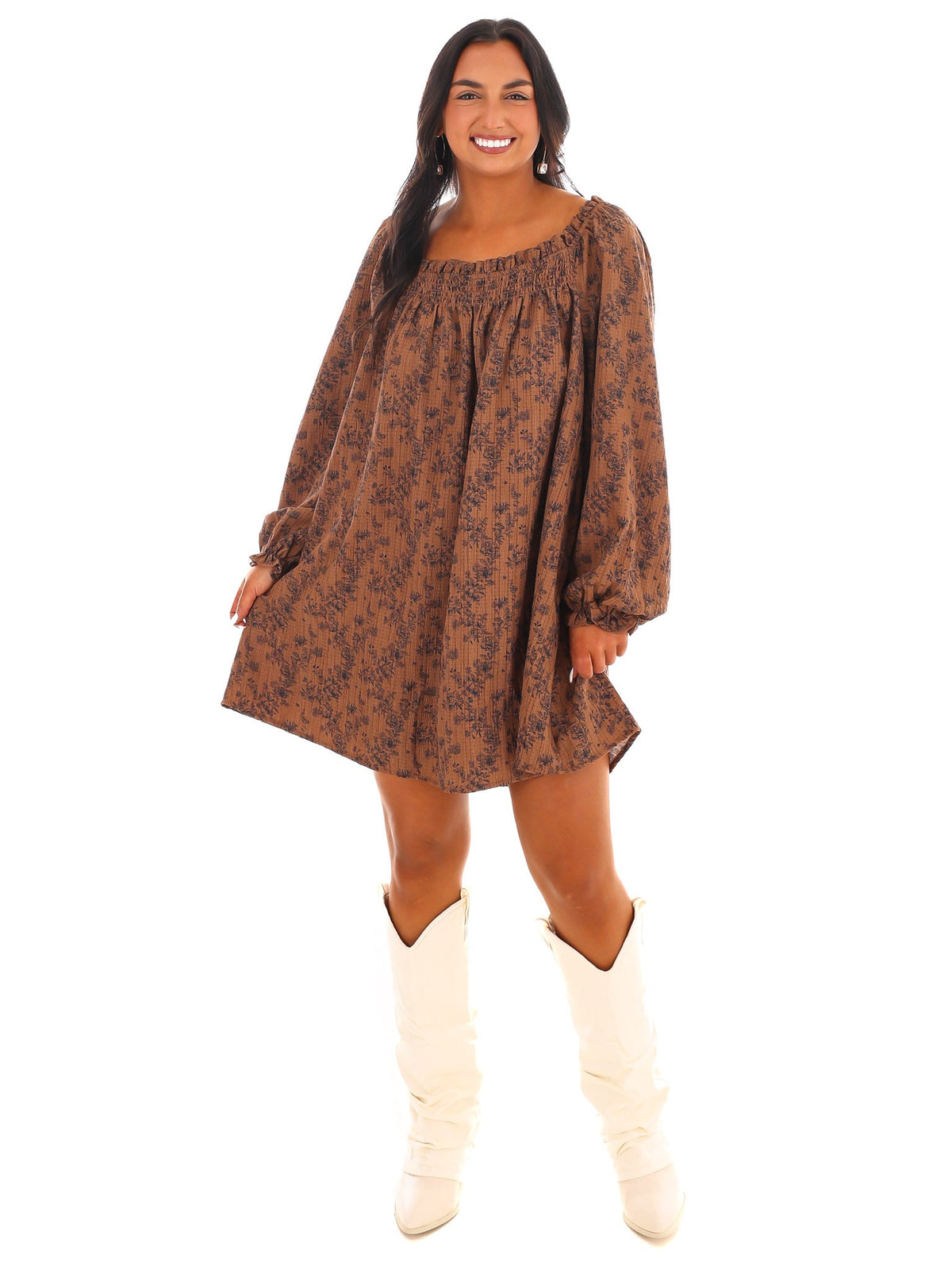 Waffle Bloom Square Neck Mini Dress