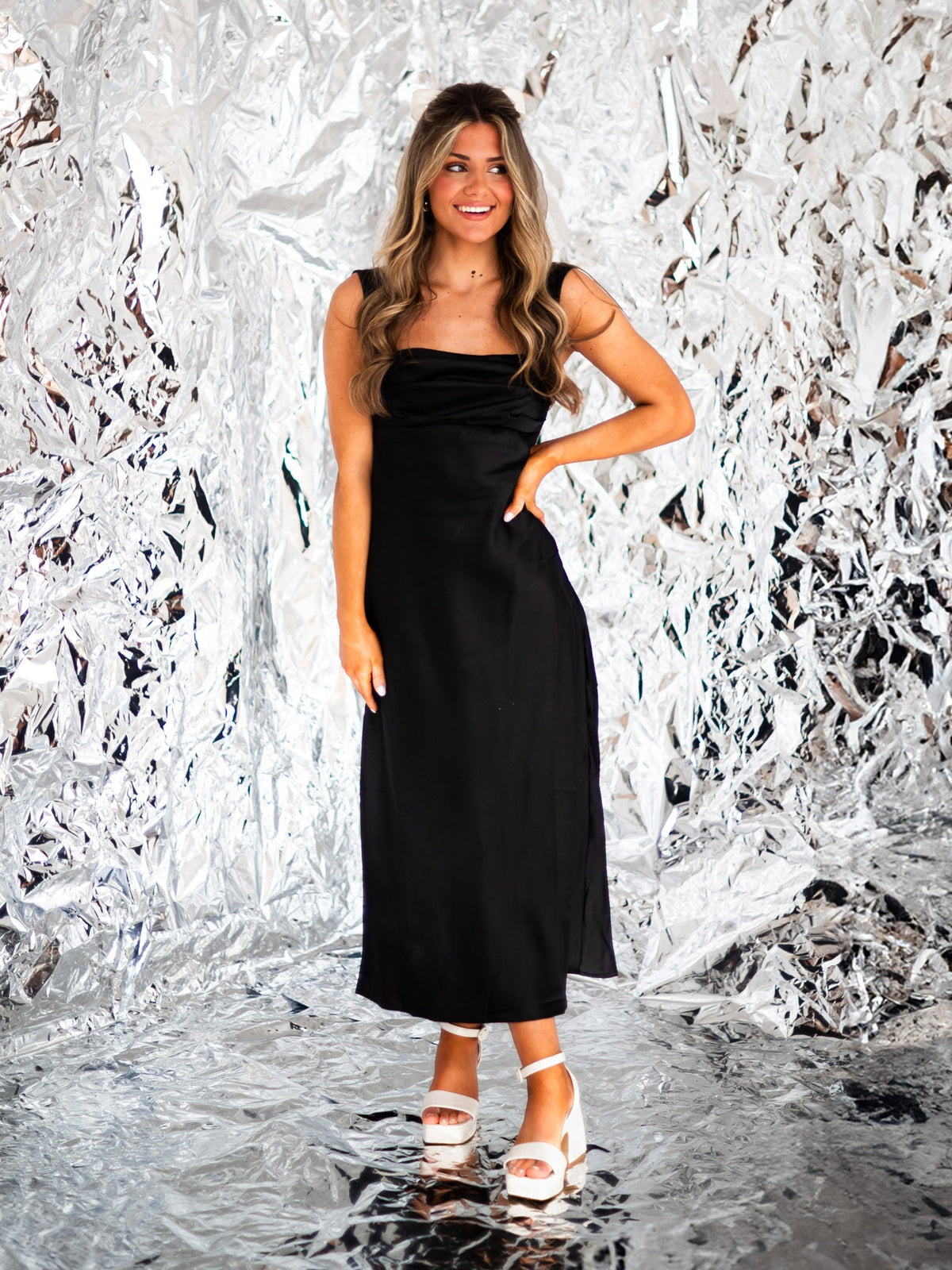 Out On the Town Off Shoulder Midi Dress
